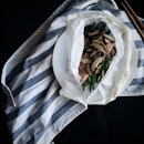 Today's lunch is Salmon, Asparagus and Shiitake Mushrooms Steamed in Parchment.