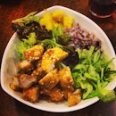 Sal Sal Rice Bowl : Chicken Breast Strips with Lettuce, Mango and Onion atop Korean Rice and drizzled with Korean Soy Sauce.
