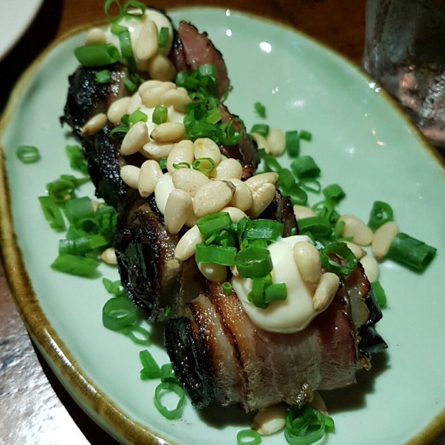 Bacon Wrapped Chargrilled Dates W Aioli Pine Nuts