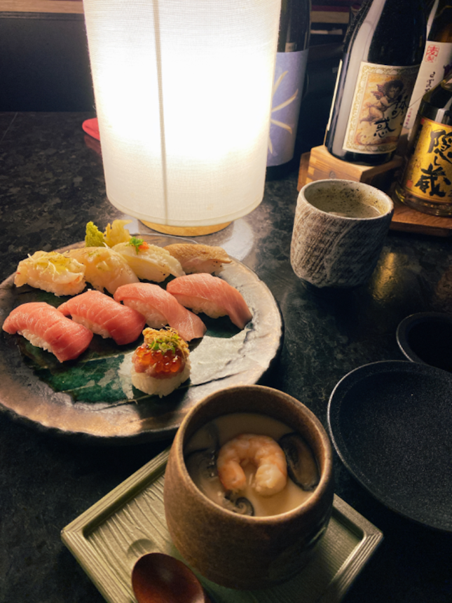 Assorted sushi and Chawamushi