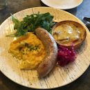 Quiche, sausage and perfectly cooked scrambled eggs 