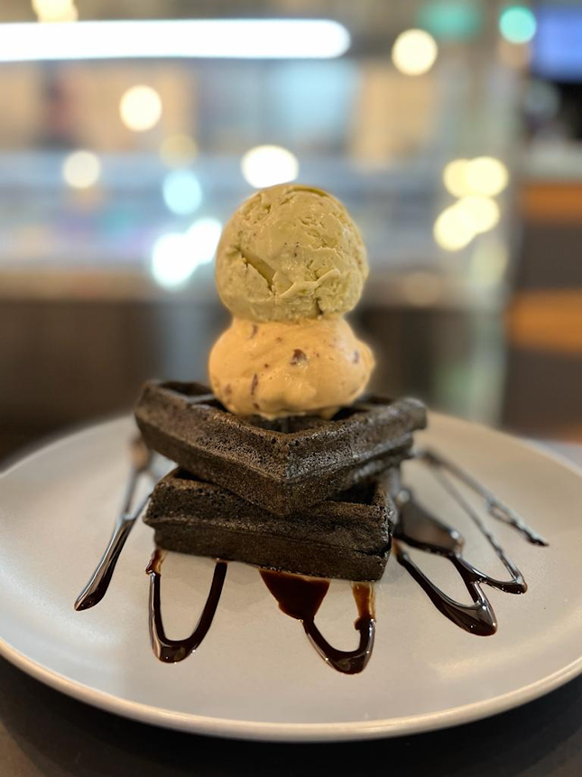 Double scoops w charcoal waffles ($14)