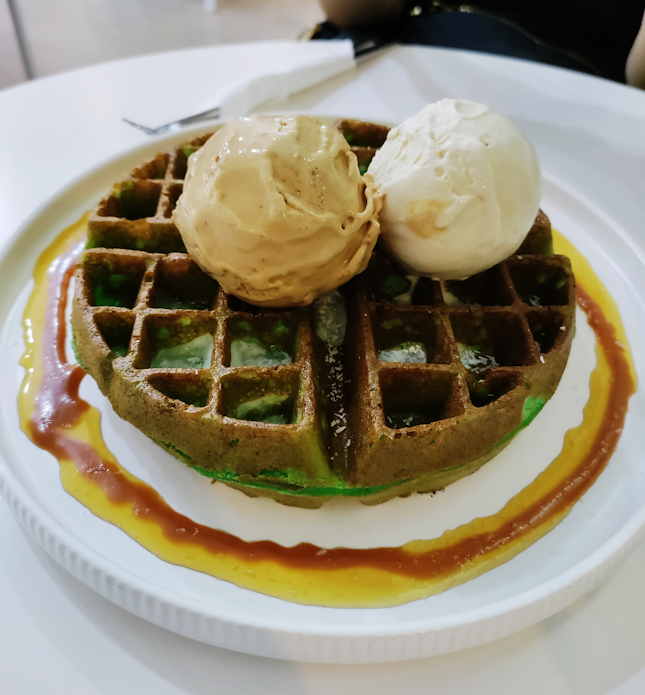 Pandan Mochi Waffles with Osmanthus Oolong and Espresso Biscoff