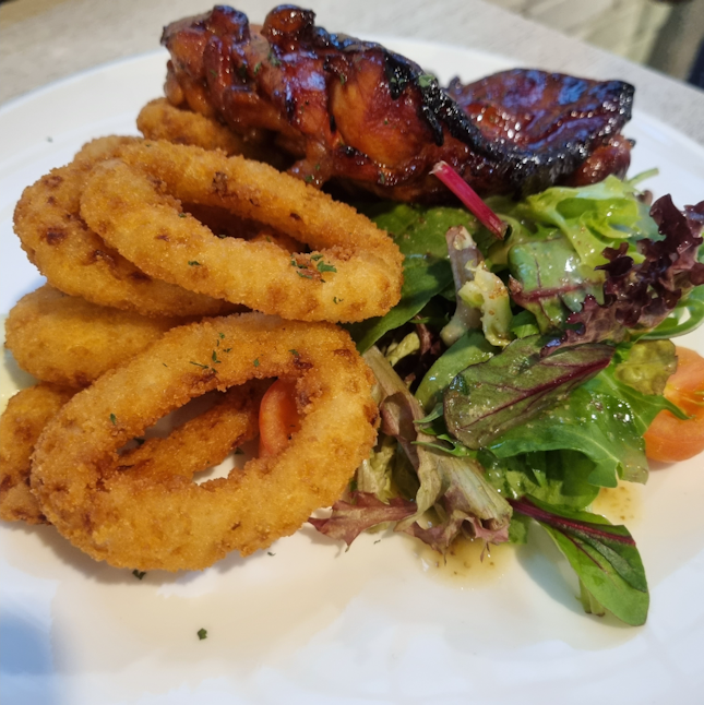 Char Siu Chicken (w Onion Rings, Garden Salad) $15.90++