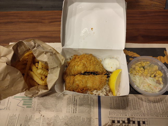 Deep fried halibut fish ($8.50) plus extra nuggets, fries that adds up to $20