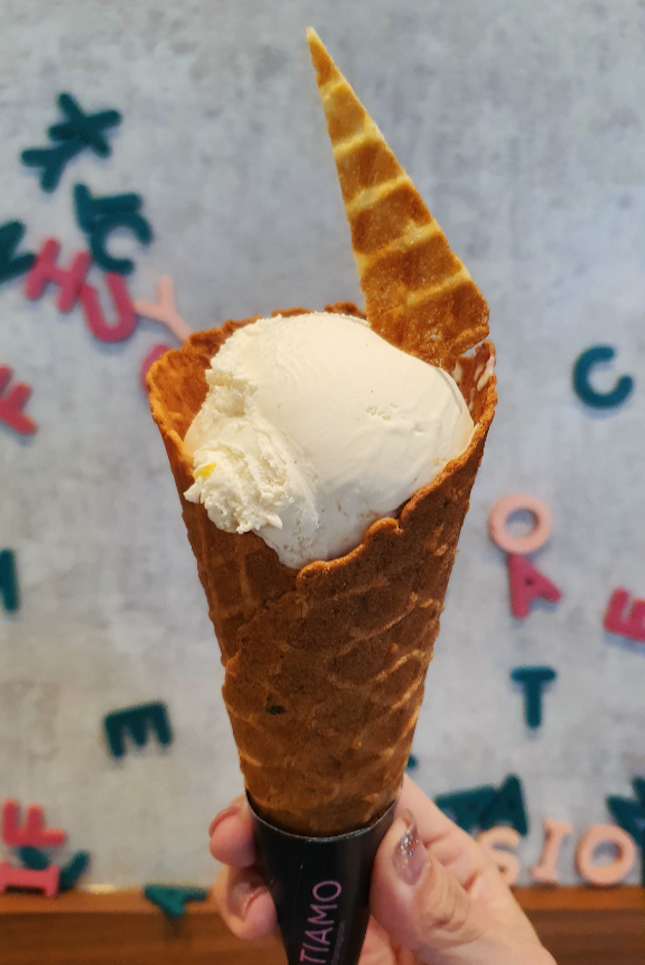 Gingerbread gelato with rosemary cone