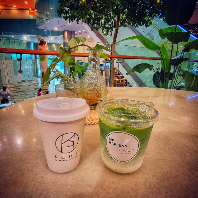 Hot flat white and iced matcha latte. 1for1