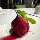 Red Wine Poached Pear with Lime Sorbet