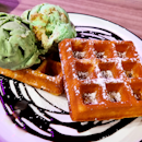 Waffle with Ice Cream (Pistachio Almond + Ondeh Ondeh)