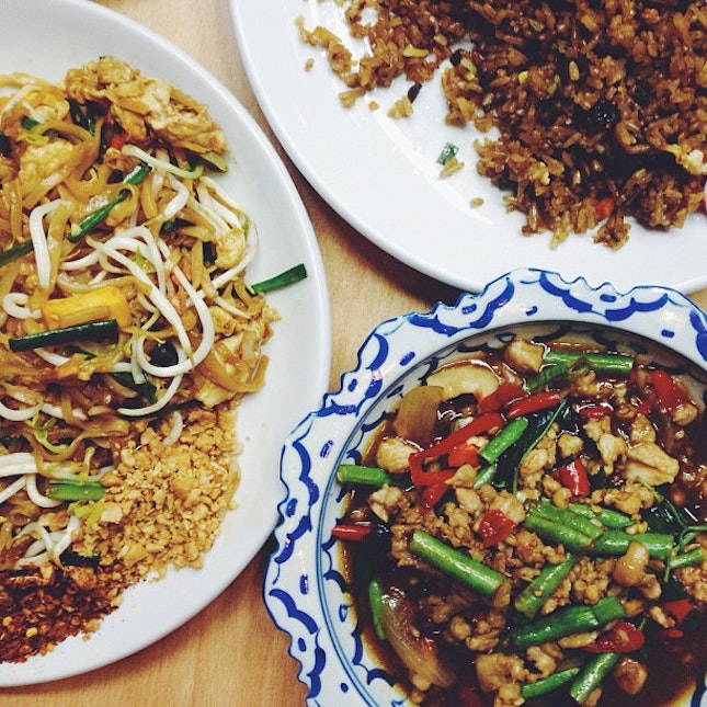 Seafood phad thai, olive fried rice and extra spicy basil chicken