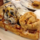 Waffles with cookies and cream ice cream and burnt caramel ice cream!