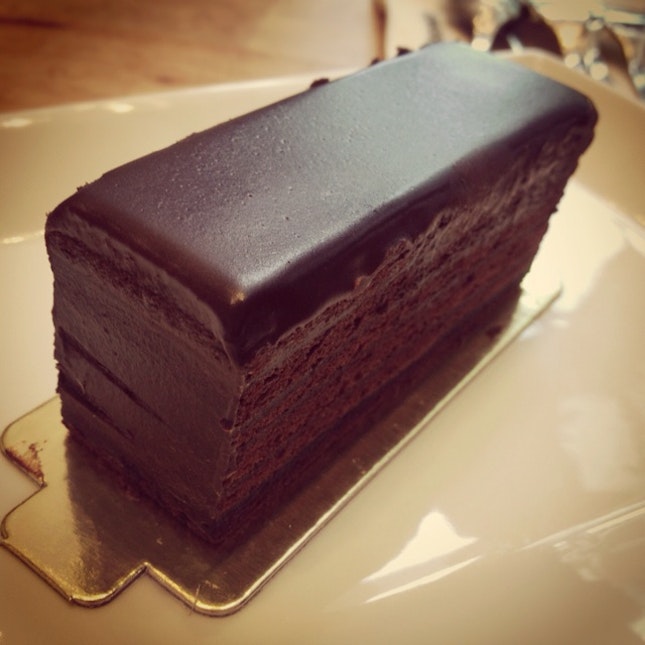 chilled super stack Choc cake, warm it up for a creamier taste!