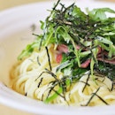Wafu Soy Sauce Based Pasta with Smoked Beef, Spinach and Rucola at @popolamamaindonesia //