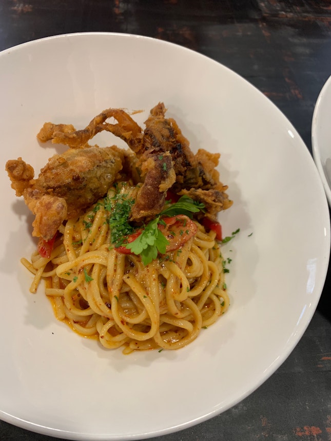 salted egg soft shell crab pasta