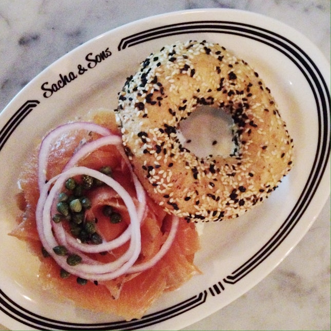 Smoked Salmon Bagel with Herb Cream Cheese, Onions, Capers