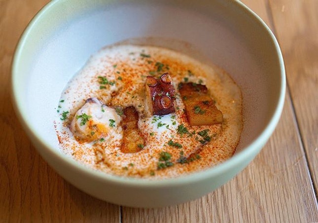Octopus, crispy pork belly, with potato foam and caramelised onions ($36).