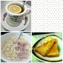 The 3 basic elements of all Hong Kong 茶餐厅 = honey lemon / milk tea, macaroni soup with ham, french toast.