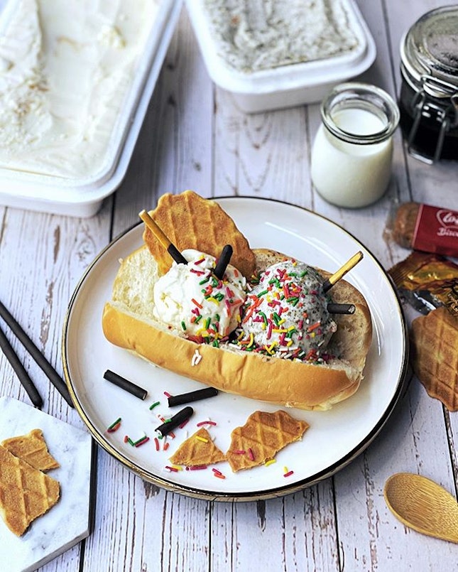 Sunday funday decorating icecream buns with rainbow rice, wafer, pocky sticks and whatnots.