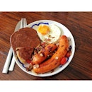 Reese cups pancake & heart egg by yours truly and sautéed sausages done by beloved S!
