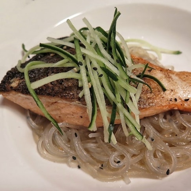 Throwback to my delicious Pan-Seared Salmon on a bed of warm sweet potato noodles, sesame and cucumber with yuzu dressing.