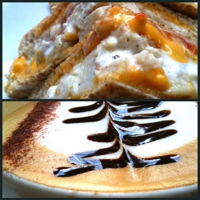 Lunch time with triple decker chicken sandwich & lovely cappuccino $5.50 #lagoon #food
