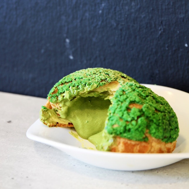 Hands down one of the best — and also the most vibrant — matcha puffs I've had