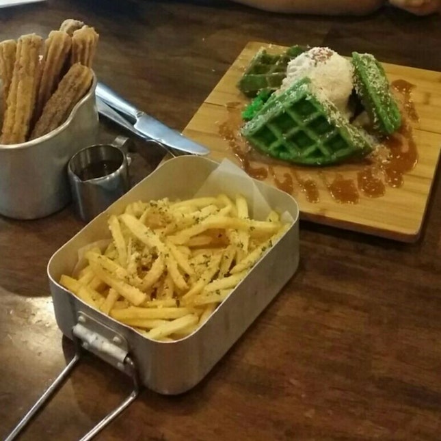 from R, ondeh ondeh waffles, truffle fries and churros