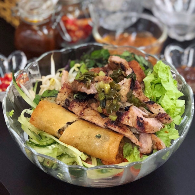 “Bun Thit Nuong” or Rice Vermicelli with Grilled Pork, Minced Pork and Spring Roll ($9.50)