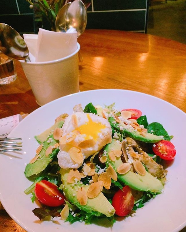lunch earlier today - my favorite avocado 😍 + chicken breast + greens + poached egg salad ...