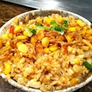 Dinner with sis: Fried rice with silver anchovy and corn.