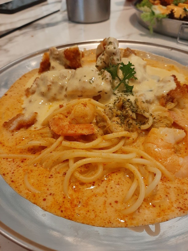 tom yum salted egg pasta with chicken cutlet (UP $16.90)