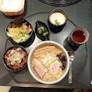 Ramen with spicy char siew rice, salad, pickles, chawan mushi & tea @ RM33 #takepicha #latergram