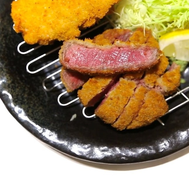 Gyu-Katsu - beef cutlet deep fried for only 60 seconds at 210°C.