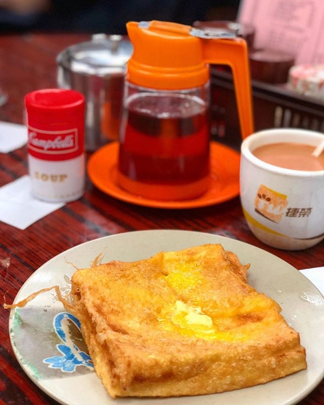 Hong Kong milk tea and French toast for breakfast.