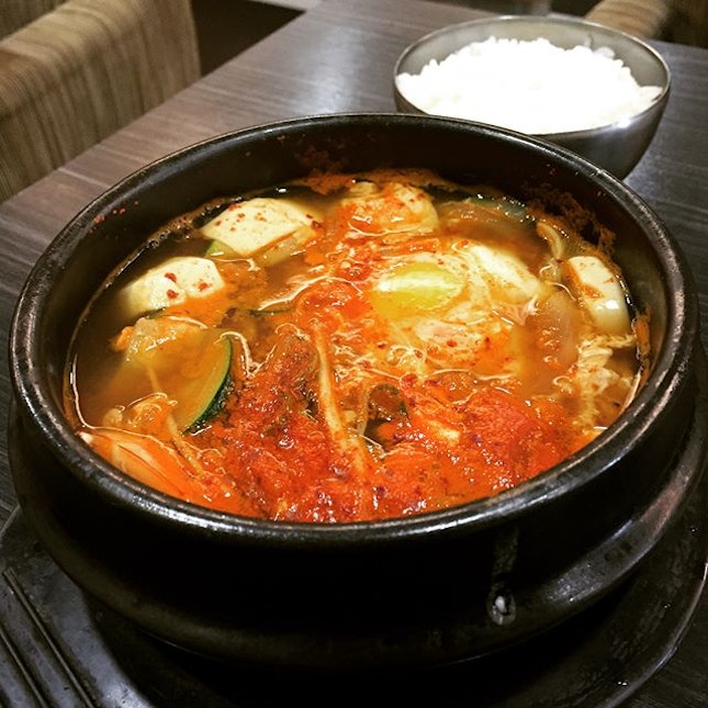 Sundubu Jjigae [Spicy Soft Tofu Stew], Banchan [Side Dishes], Haemulpajeon [Seafood Scallion Pancake] @ Three Meals A Day 一日三餐, 12 Chun Tin Road.