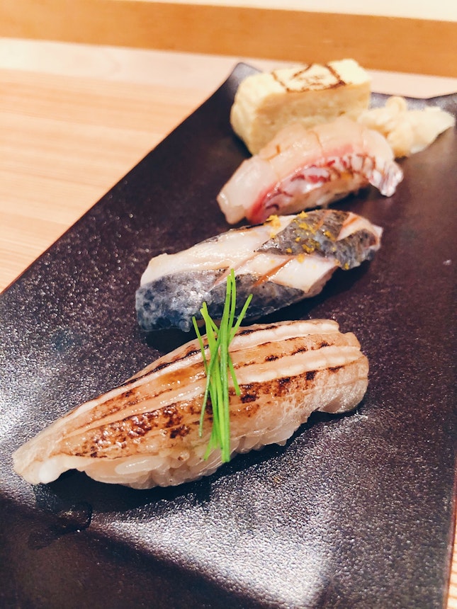 Tamago, Sea Bream Sushi, Butterfish Sushi, Grilled Flounder Sushi
