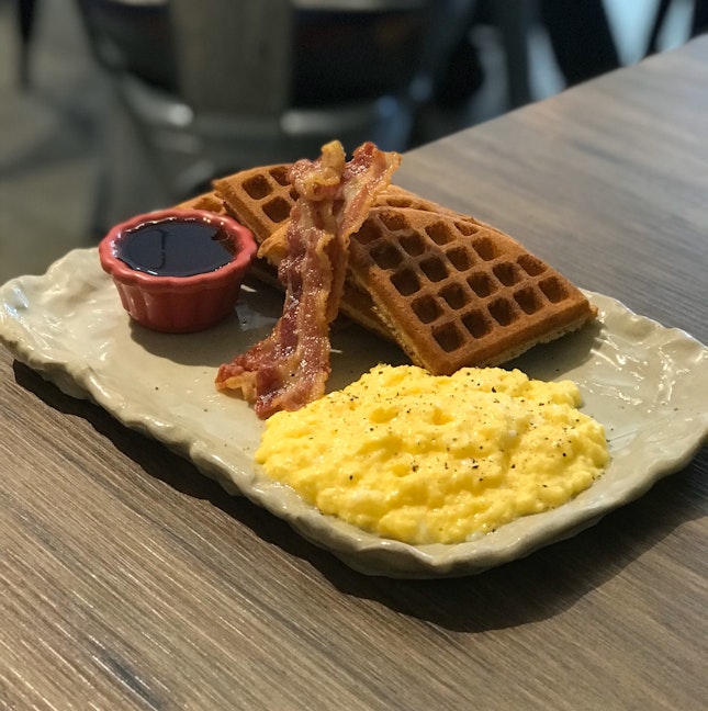 Breakfast Waffle ($9.50) + Scrambled Eggs ($1.50)