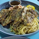 Chicken Chop w/ Aglio Olio Spaghetti ($8.50)
