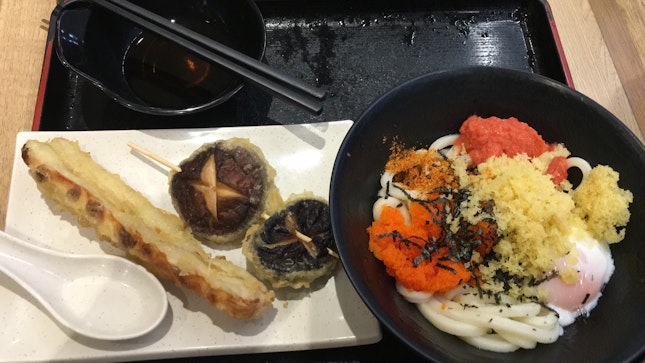 Triple Egg Udon With Shitake Mushroom and Crab stock Tempura
