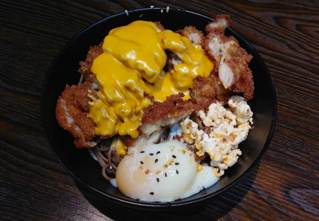 Chicken Cutlet Soba With Nacho Cheese Sauce