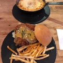 Salted egg chicken burger $17.9++, Mac and cheese $15.9++
