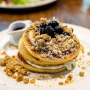 Blueberry Ricotta Pancakes | cream cheese, blueberry sauce, earl grey crumble, lemon zest