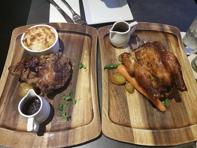 Grilled Ribeye ($33) & Whole Spring Chicken ($28)