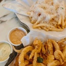 Starters - Truffle Shoestring Fries [8/Half], Crispy Seafood Basket [19]