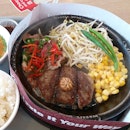 Hamburg Steak & Beef BBQ set with rice at Pepper Lunch Express.
