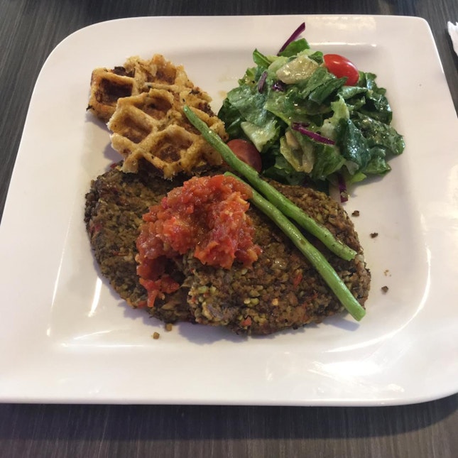 Black Bean Patties served with home-made Tomato & Chilli Jam, green beans, potato waffles and a side-salad