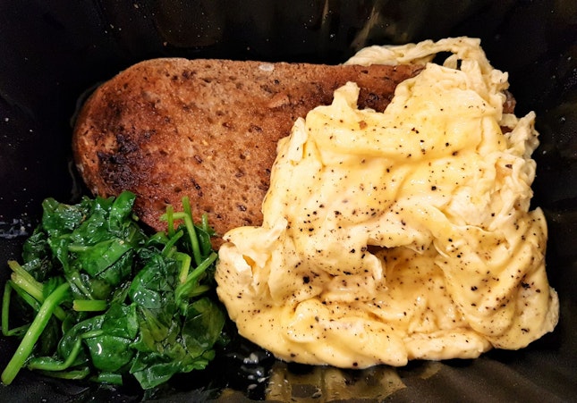 Scrambled Eggs On Toast ($13.19) + Wilted Spinach ($5)