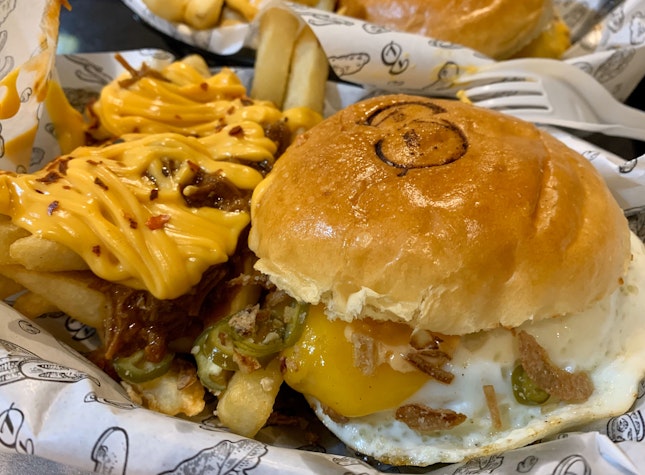 Single Cheese Burger + Sunny Side Up Egg + Cuban Fries Upgrade | $6 + $1 + $3