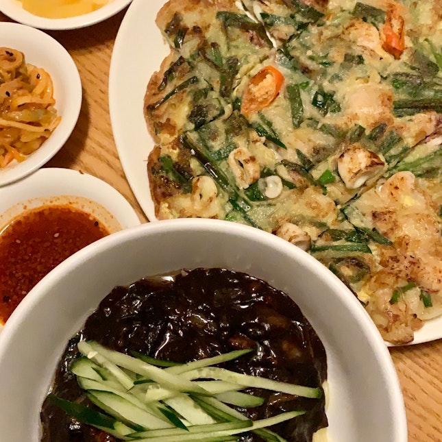 jjajangmyeon ($13), seafood spring onion pancake ($25)