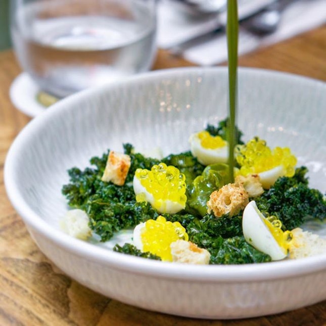 Kale Broth, Crispy Kale & Smoked Quail’s Eggs, Extra Virgin Olive Oil 'caviar' #MissNeverfull_SG
